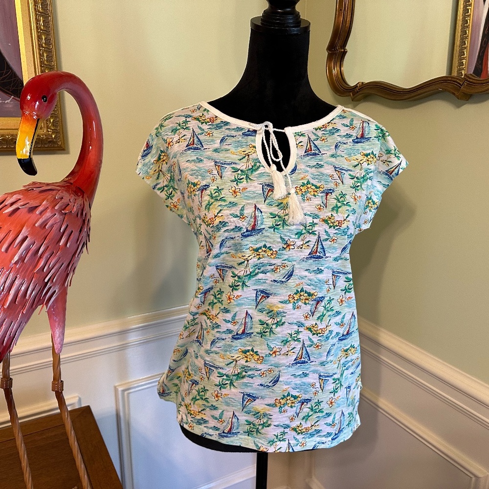 Carribbean Joe Cap Sleeve Top  Sailboat Tropical Print Size Small NWT